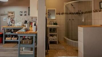 A bedroom with a bed, a wooden floor, a kitchenette, and a bathroom with a shower.