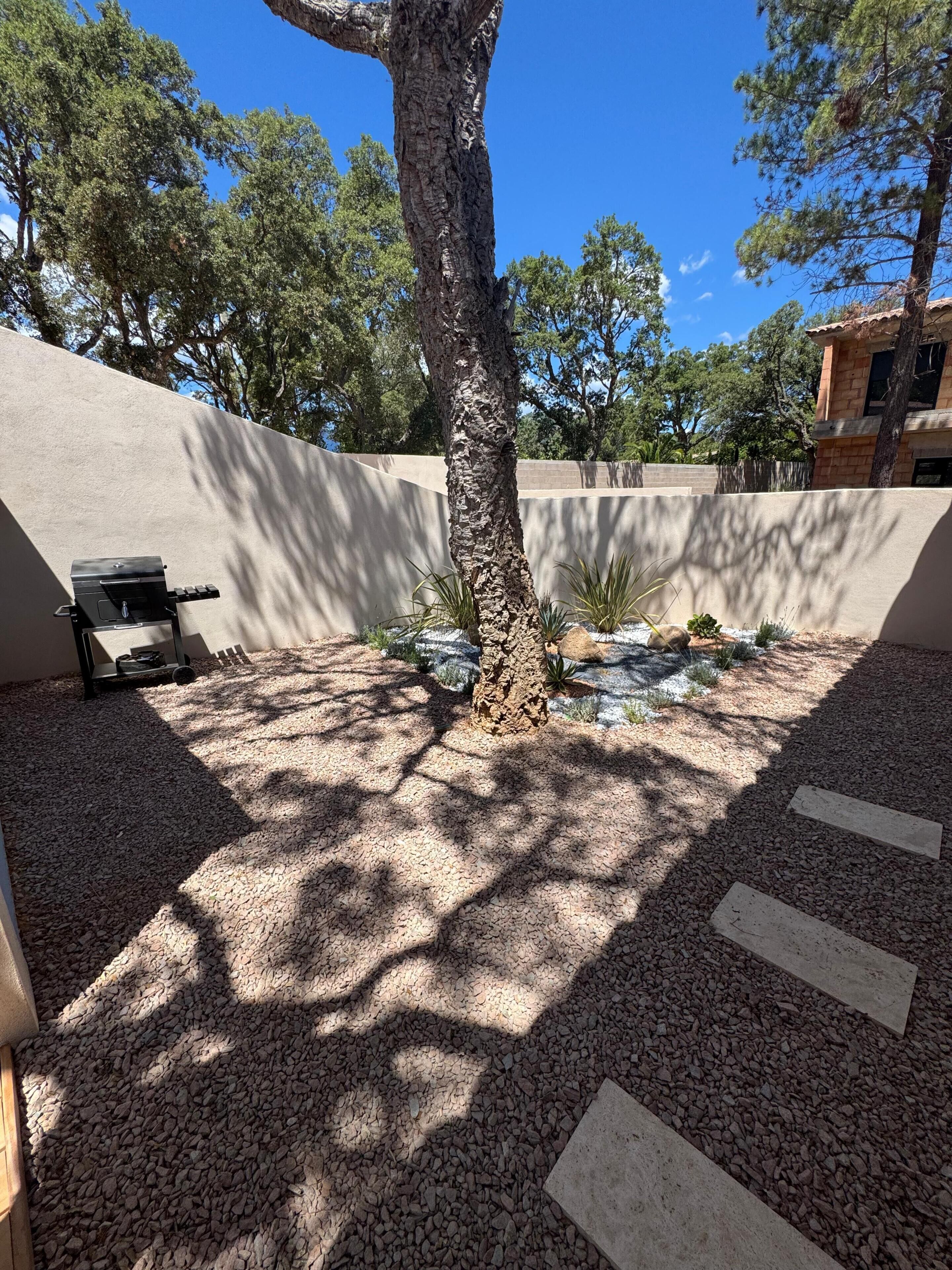 A patio area with a tree, a barbecue grill, and a wall.