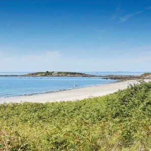 A coastal landscape with a beach, clear sky, and distant vegetation.