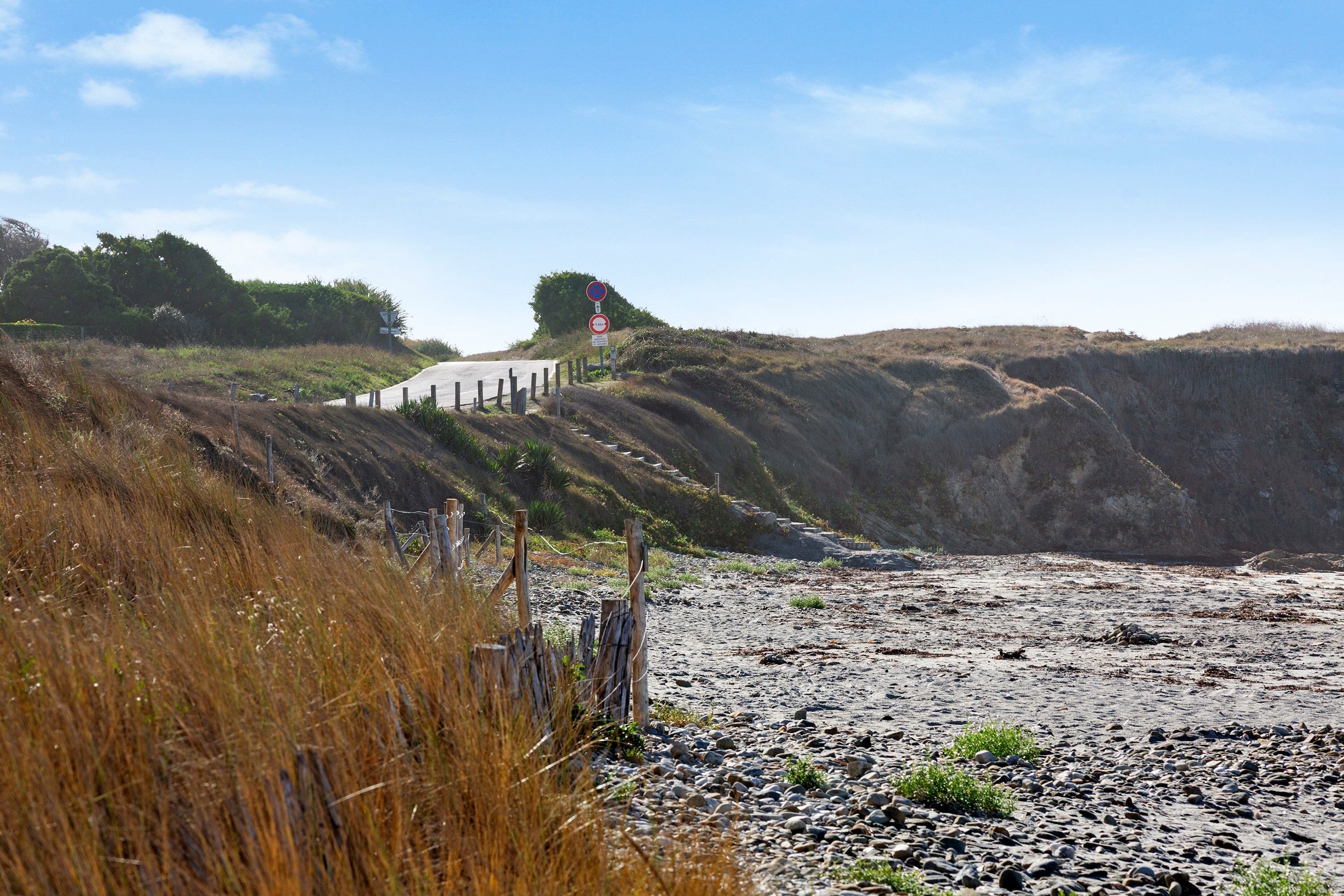 A coastal road with a guardrail, rocky terrain, and sparse vegetation.