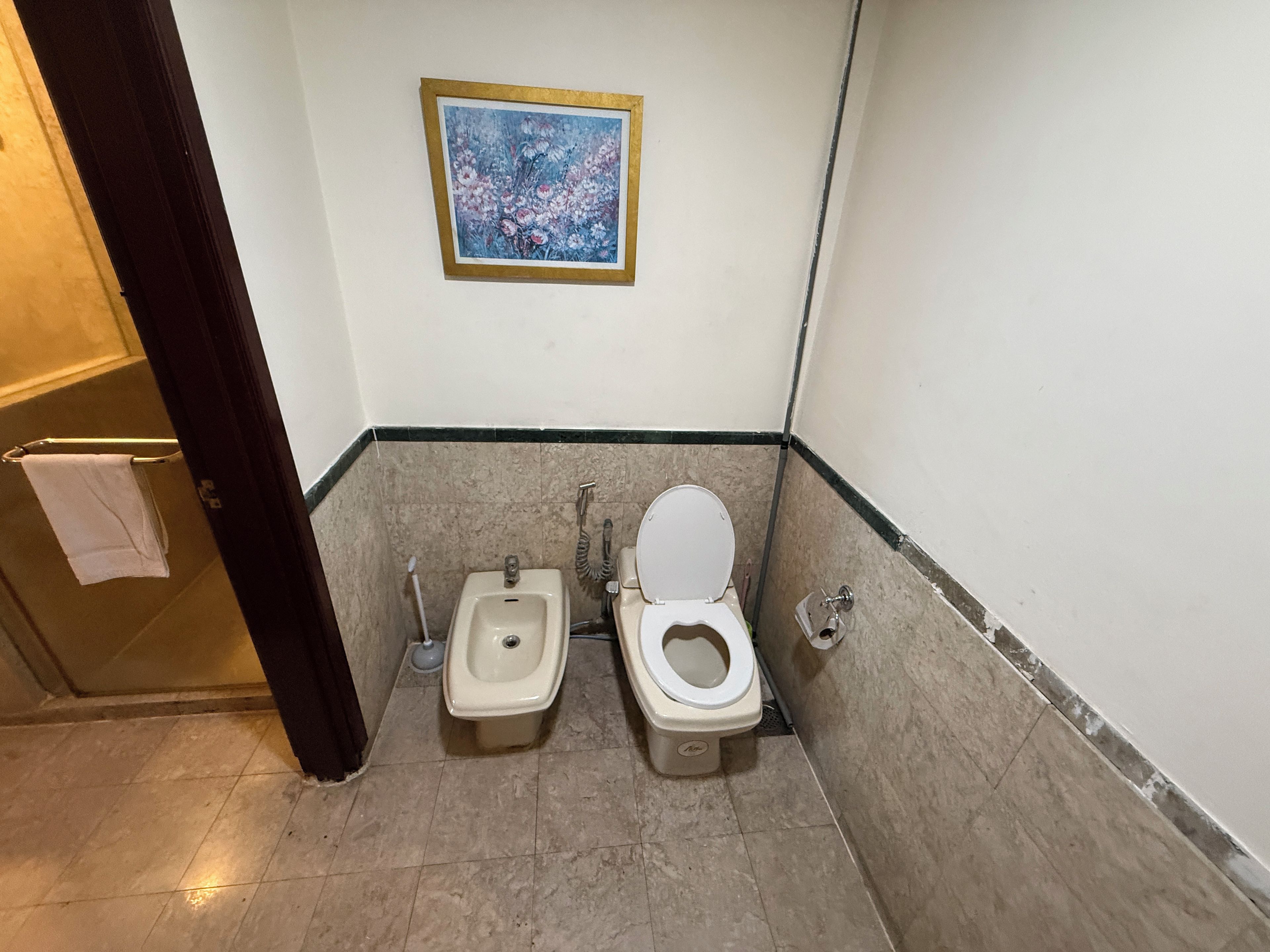 Une salle de bain équipée d’un bidet, de toilettes et d’un porte-serviettes.