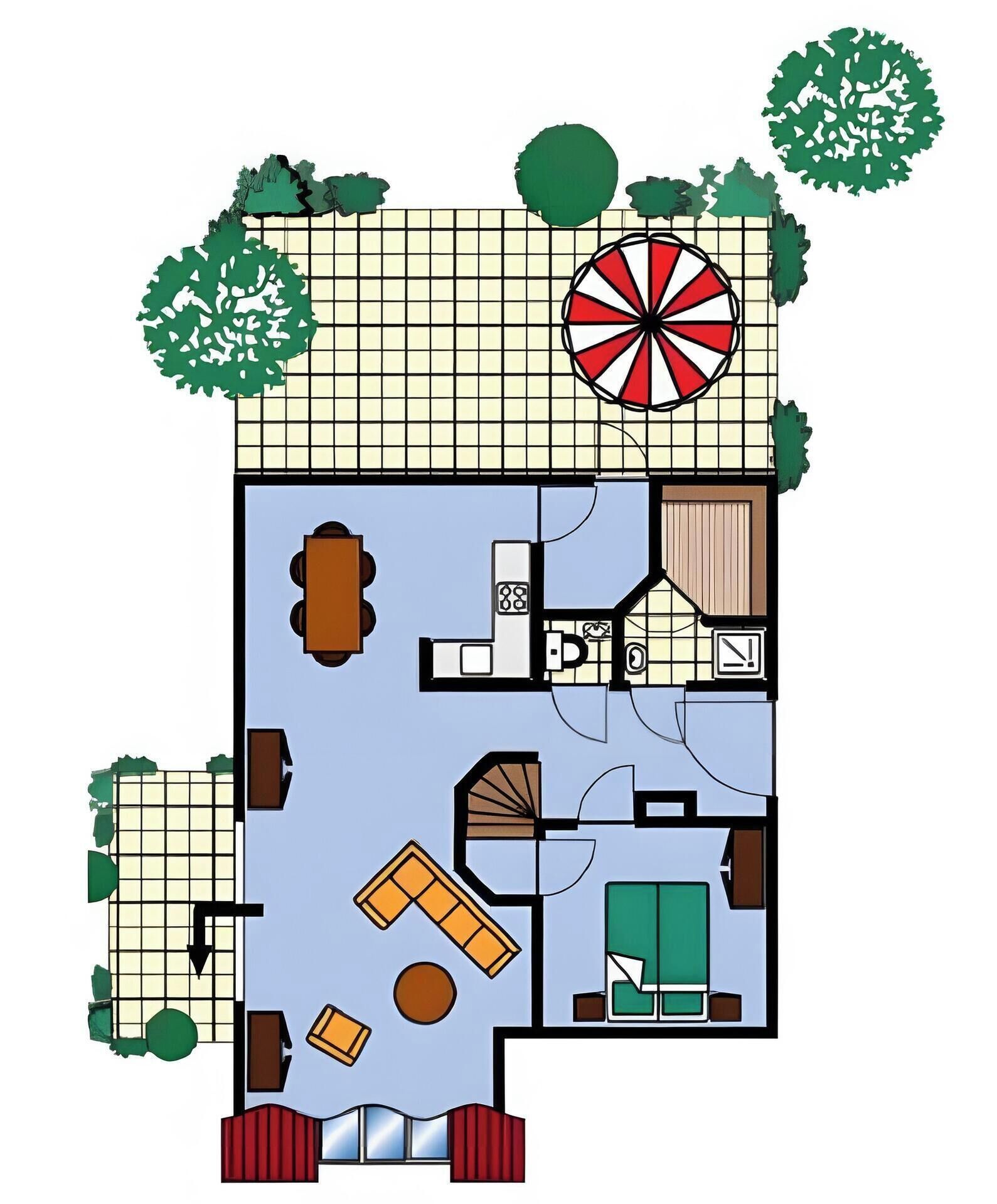 A floor plan with a dining area, kitchen, and a large umbrella.