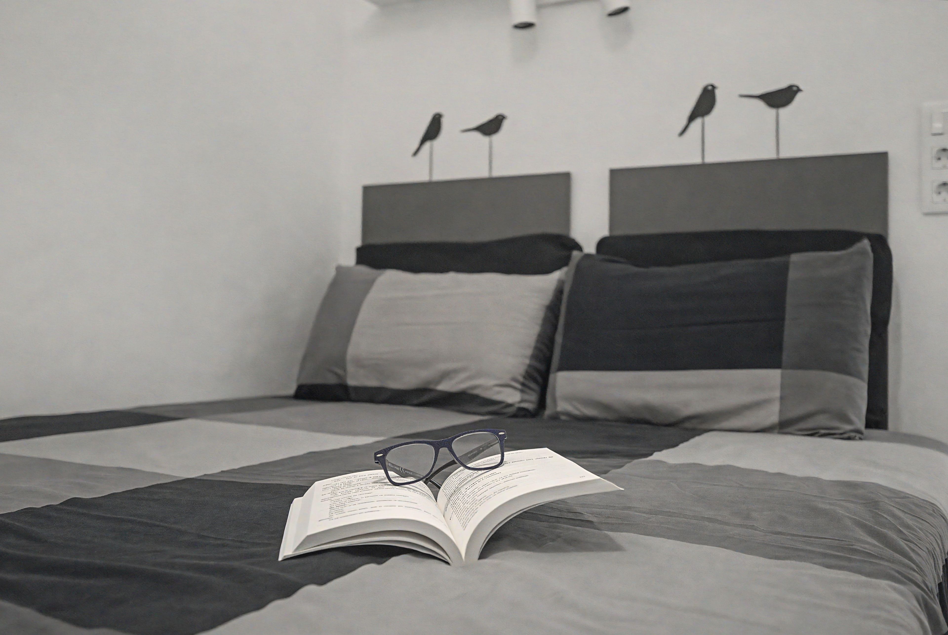 A bed with a book and glasses on it, a pillow, and a headboard with two bird decorations.