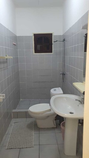 Un bagno piccolo con toilette, lavandino e doccia.