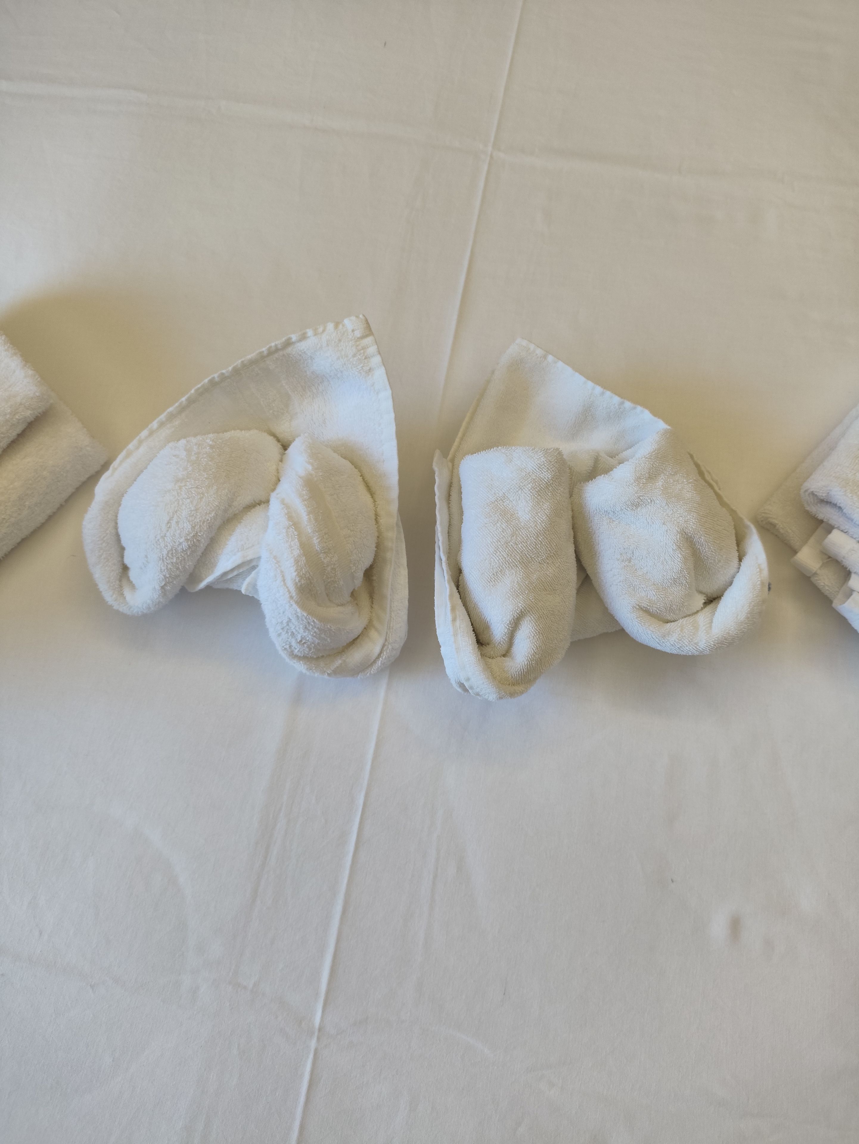 A pair of folded towels on a white surface.