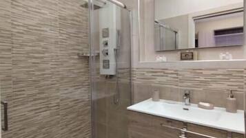 Shower, hair dryer, bidet, towels