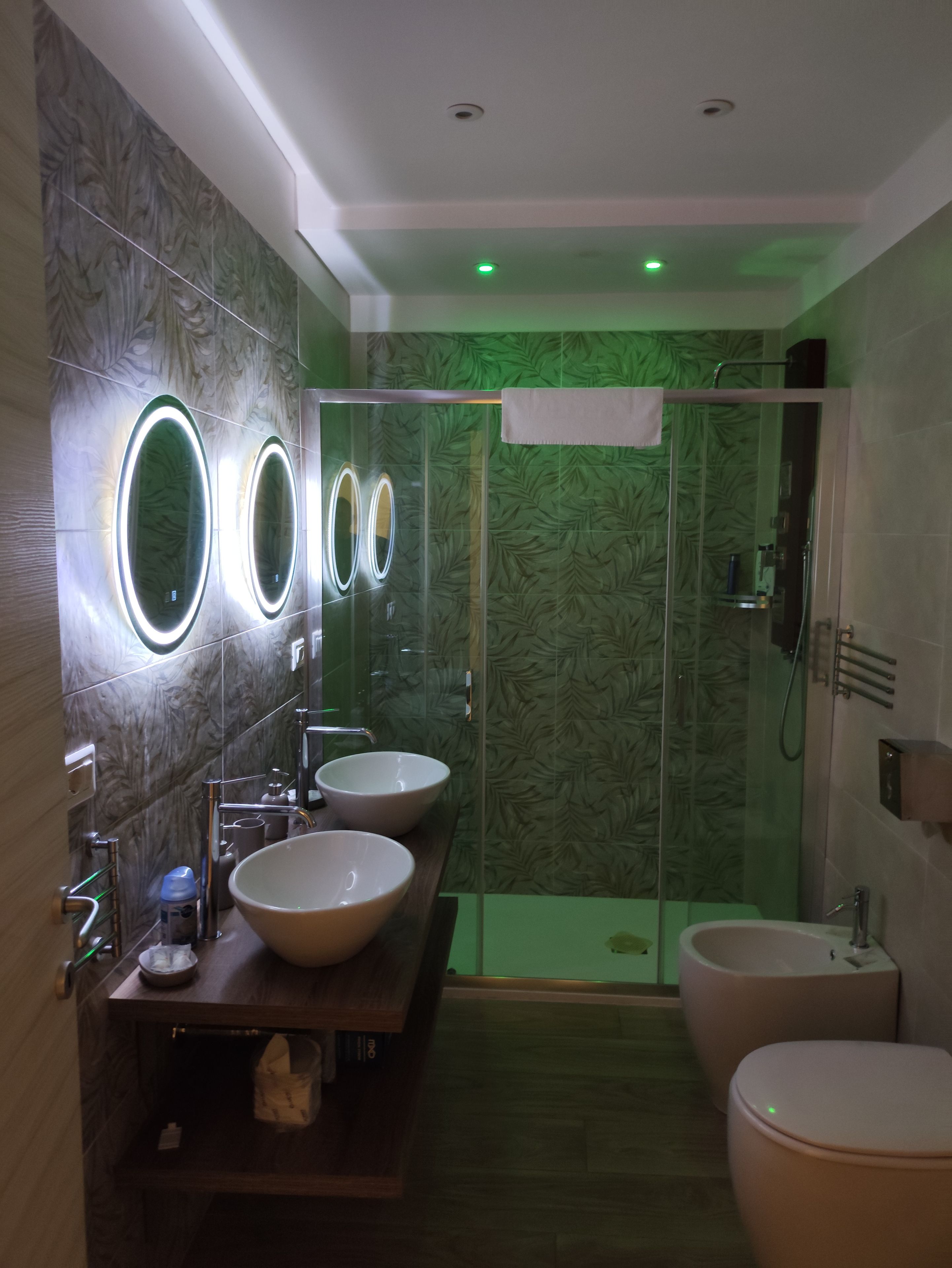 A modern bathroom with two sinks, a glass shower enclosure, and a toilet.