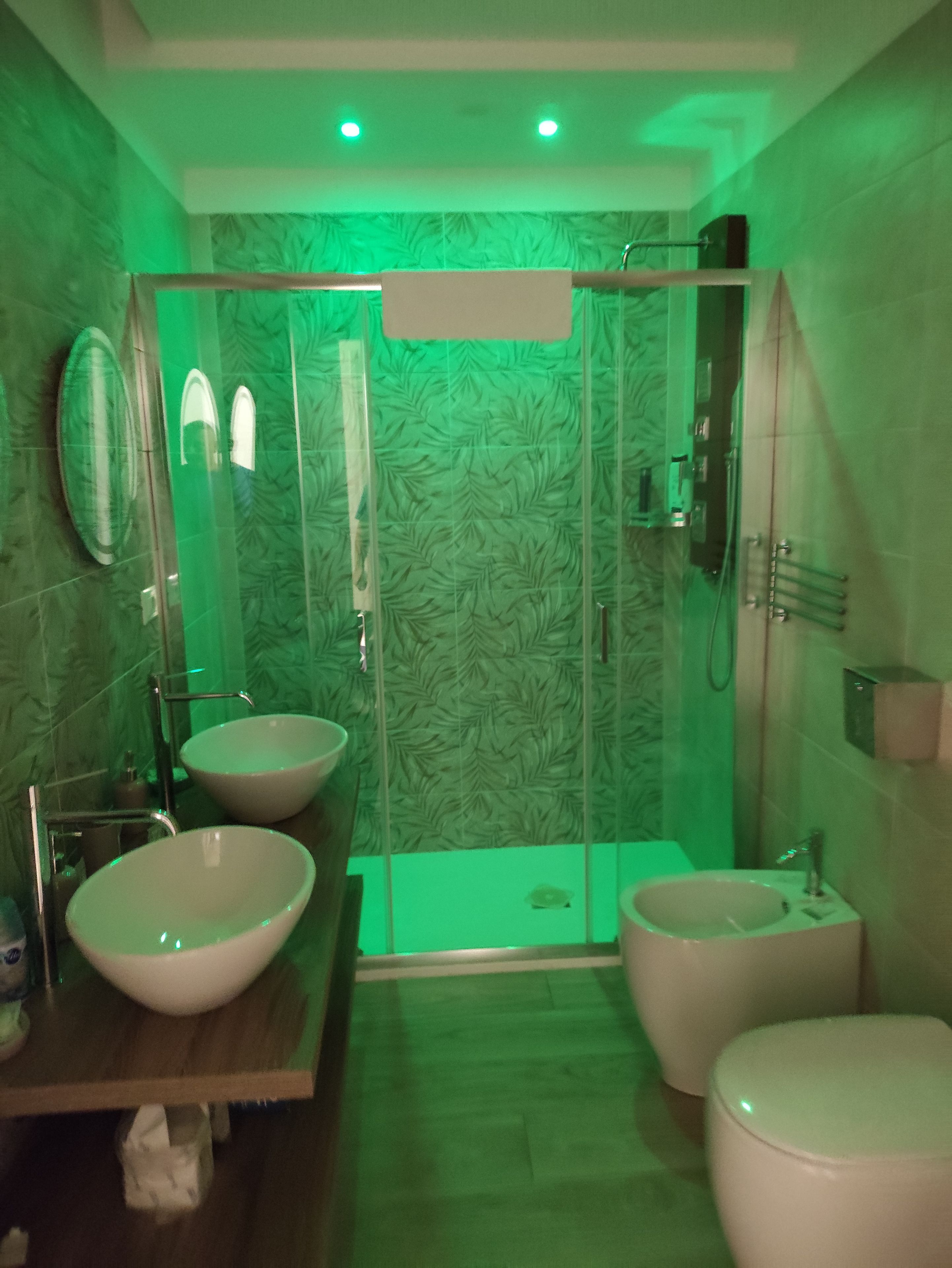 Ein Badezimmer mit Duschkabine, zwei Waschbecken und einer Toilette.