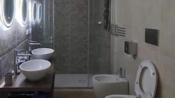 Shower, hair dryer, bidet, towels