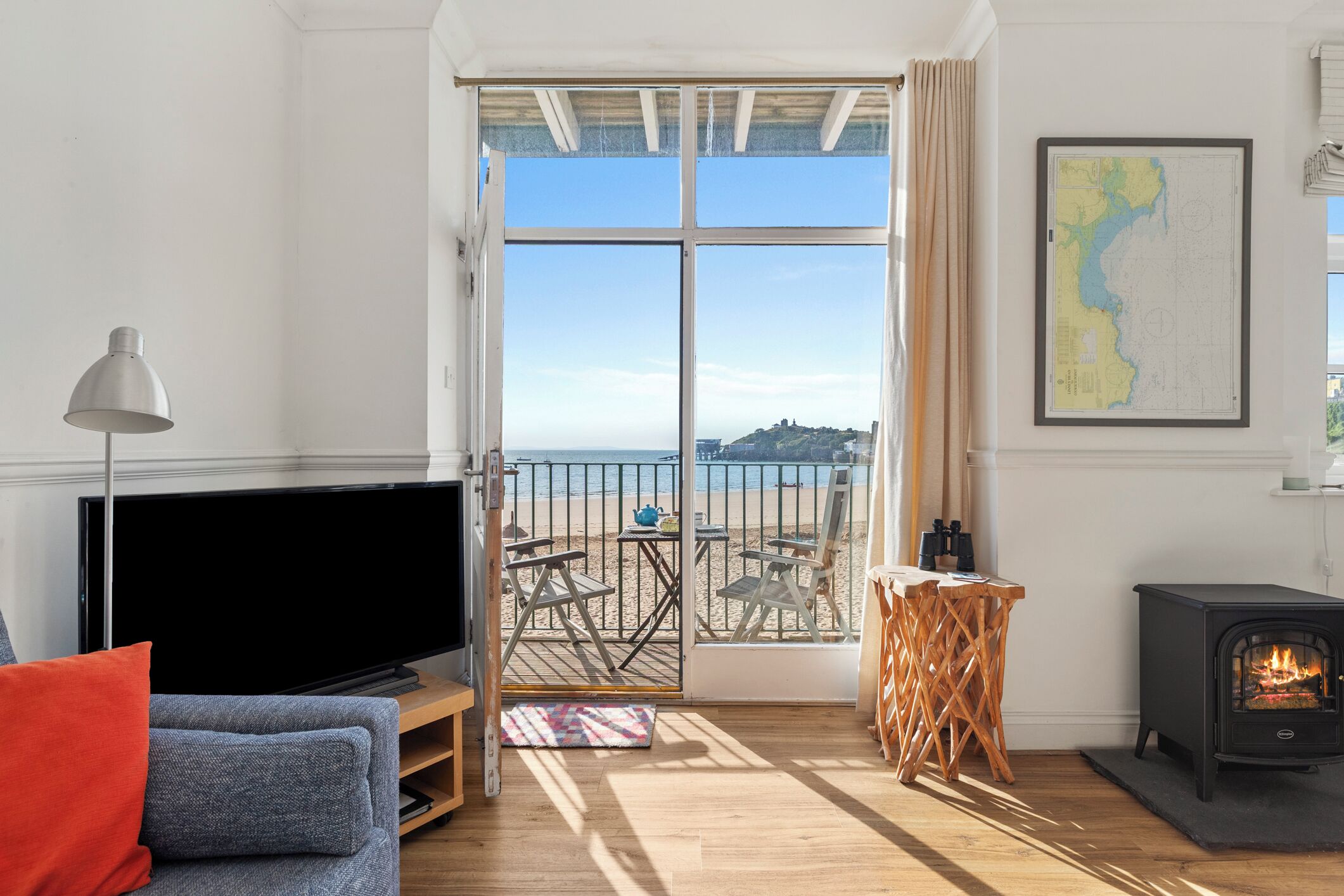Smart TV, fireplace, books
