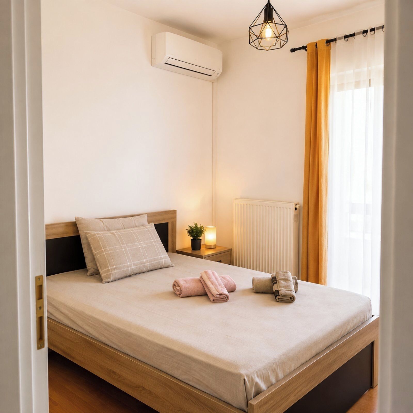 A neatly made bed with a headboard, an air conditioning unit mounted on the wall, a bedside lamp, and a window with curtains.