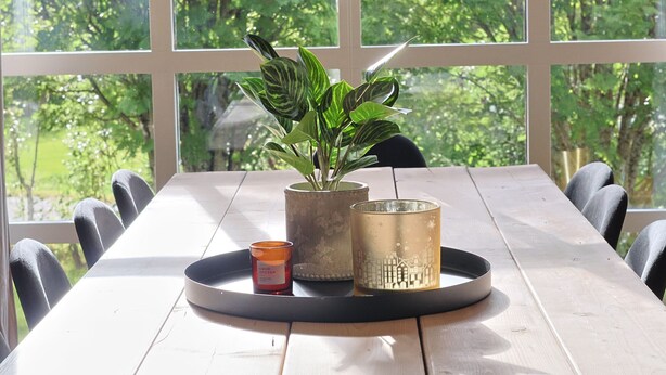A dining table with a potted plant, a candle, and a decorative item. - Aurora House – A Family & Friends Retreat in Tromsø (Tromsø)