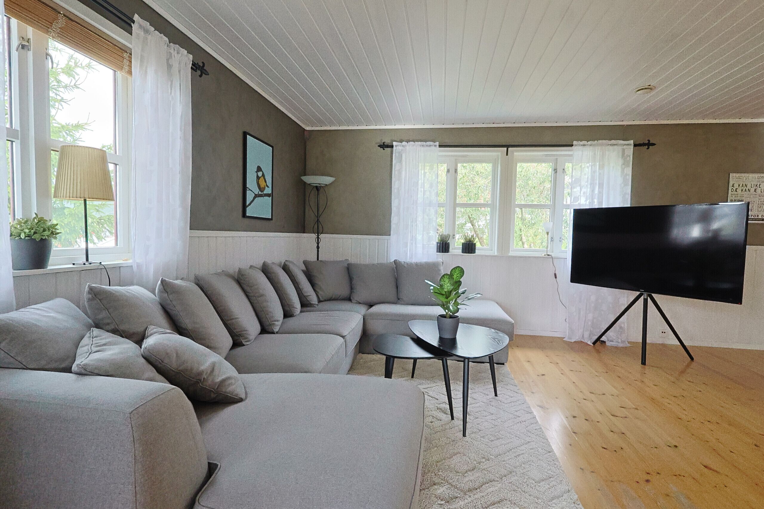 Un salon comprenant un canapé d’angle, un téléviseur à écran plat posé sur un meuble et une petite table sur laquelle se trouve une plante.