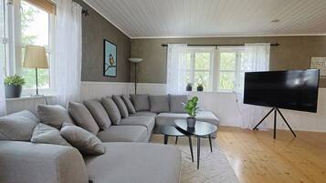Un salon comprenant un canapé d’angle, un téléviseur à écran plat posé sur un meuble et une petite table sur laquelle se trouve une plante.