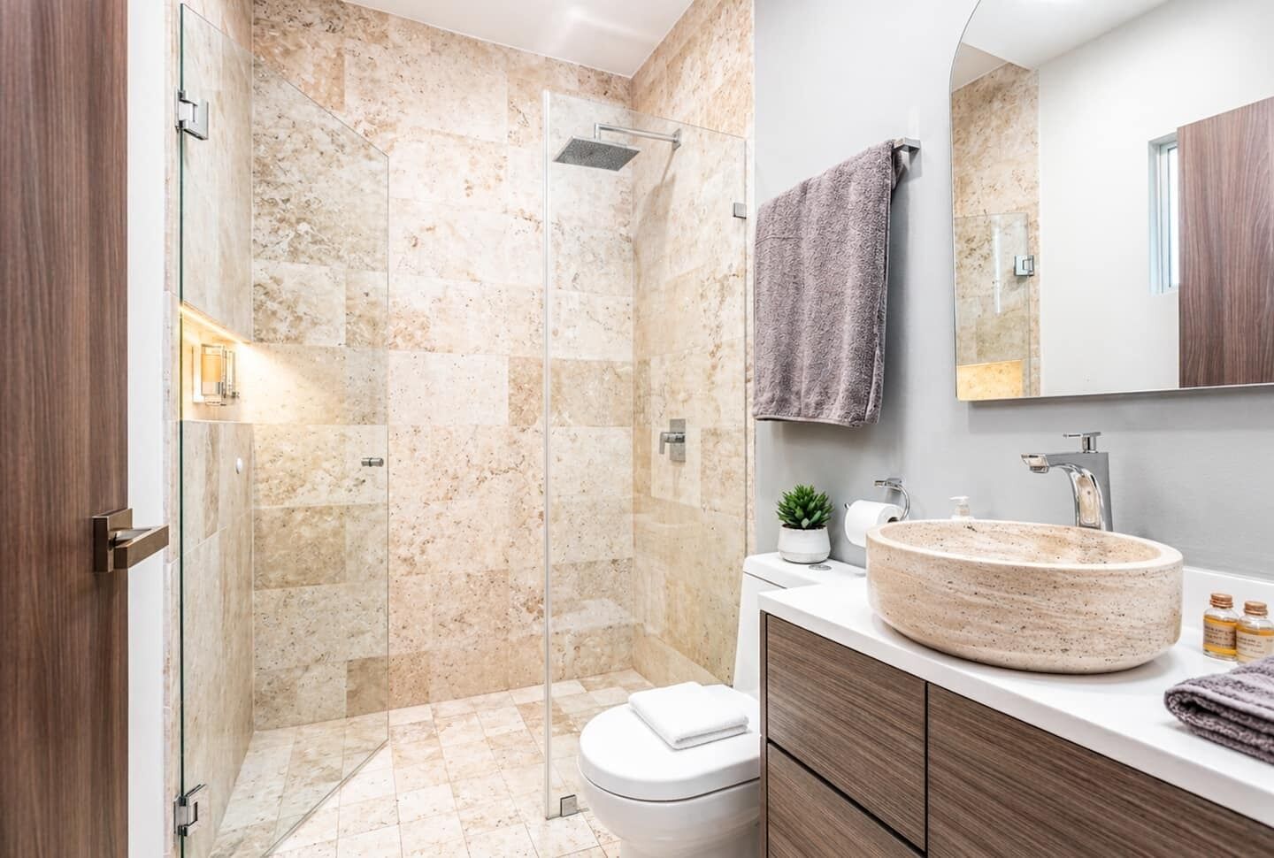 Une salle de bain moderne avec une douche à parois de verre, un lavabo rond et des toilettes.