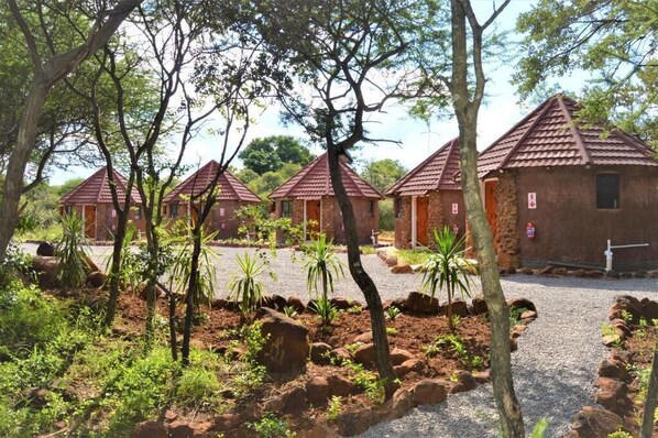 A row of rustic, red-roofed cabins surrounded by trees and shrubs.