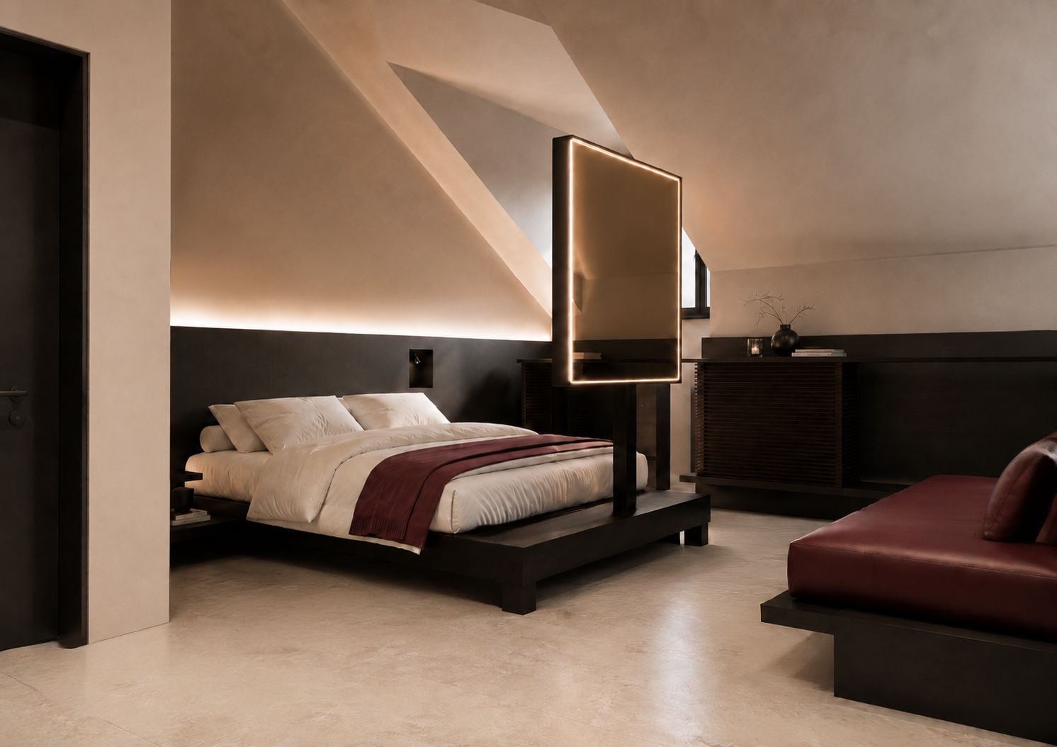 Un dormitorio moderno con cama, mesitas de noche, lámpara de noche, sofá y espejo montado en la pared.