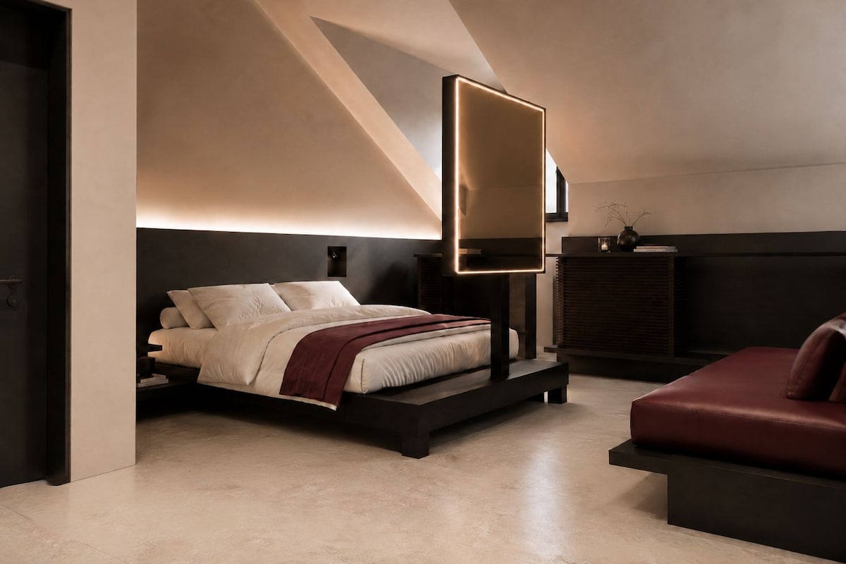 A modern bedroom with a bed, bedside tables, a bedside lamp, a sofa, and a wall-mounted mirror.