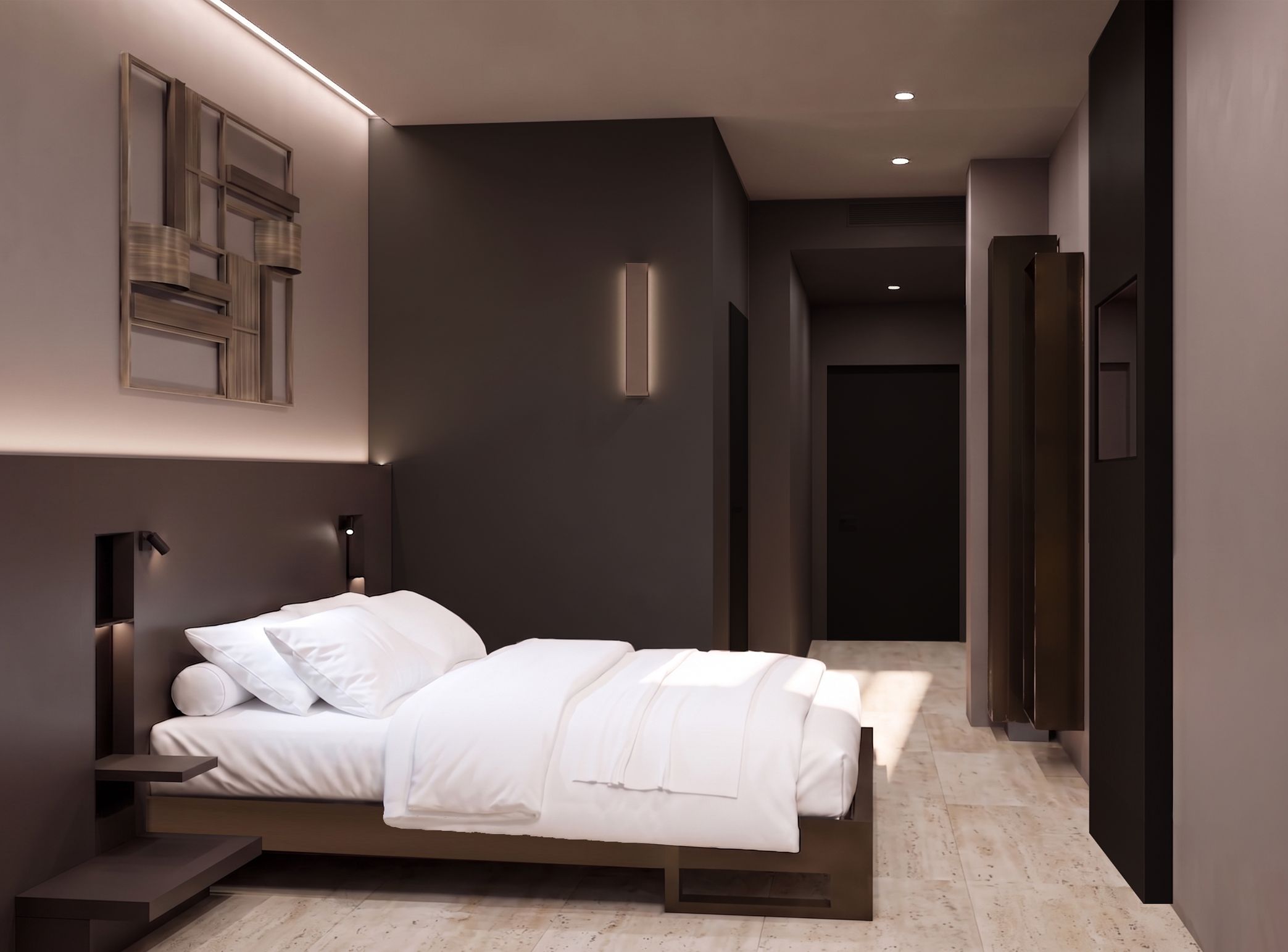 Un dormitorio moderno con cama, mesitas de noche y una lámpara de pared.