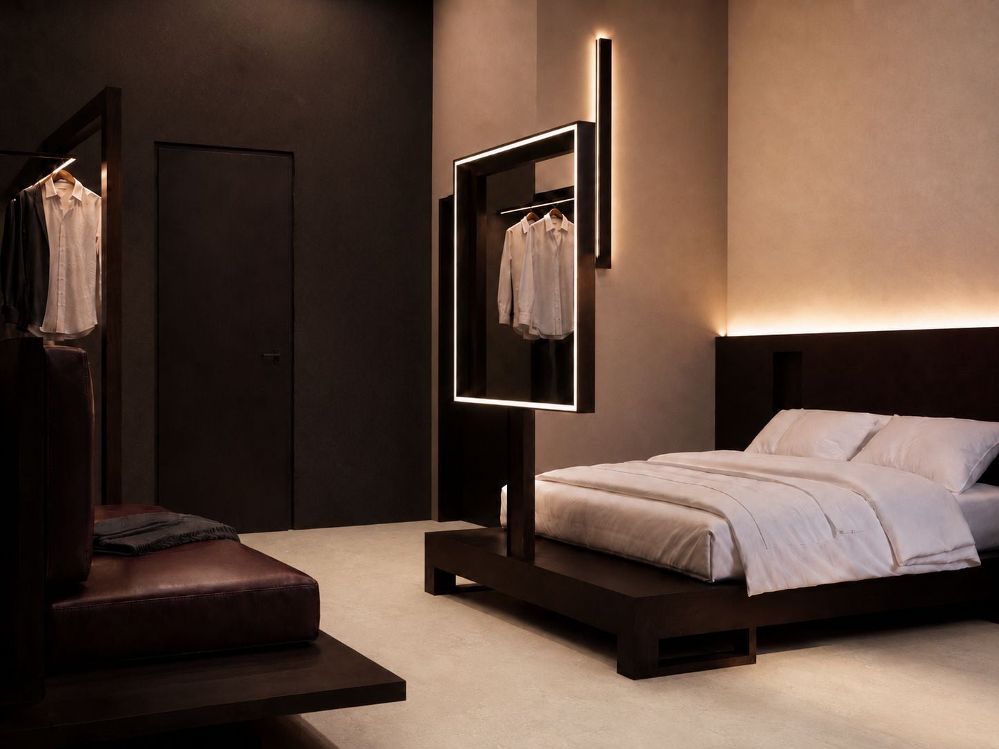 A modern bedroom with a bed, a bench, a wardrobe, and a mirror.