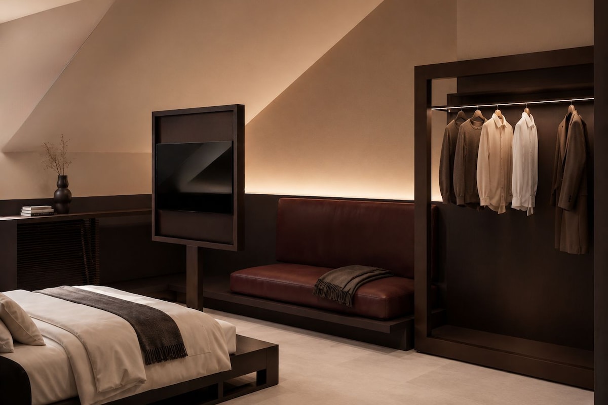 A modern bedroom with a bed, a TV, a seating area, and a clothing rack.