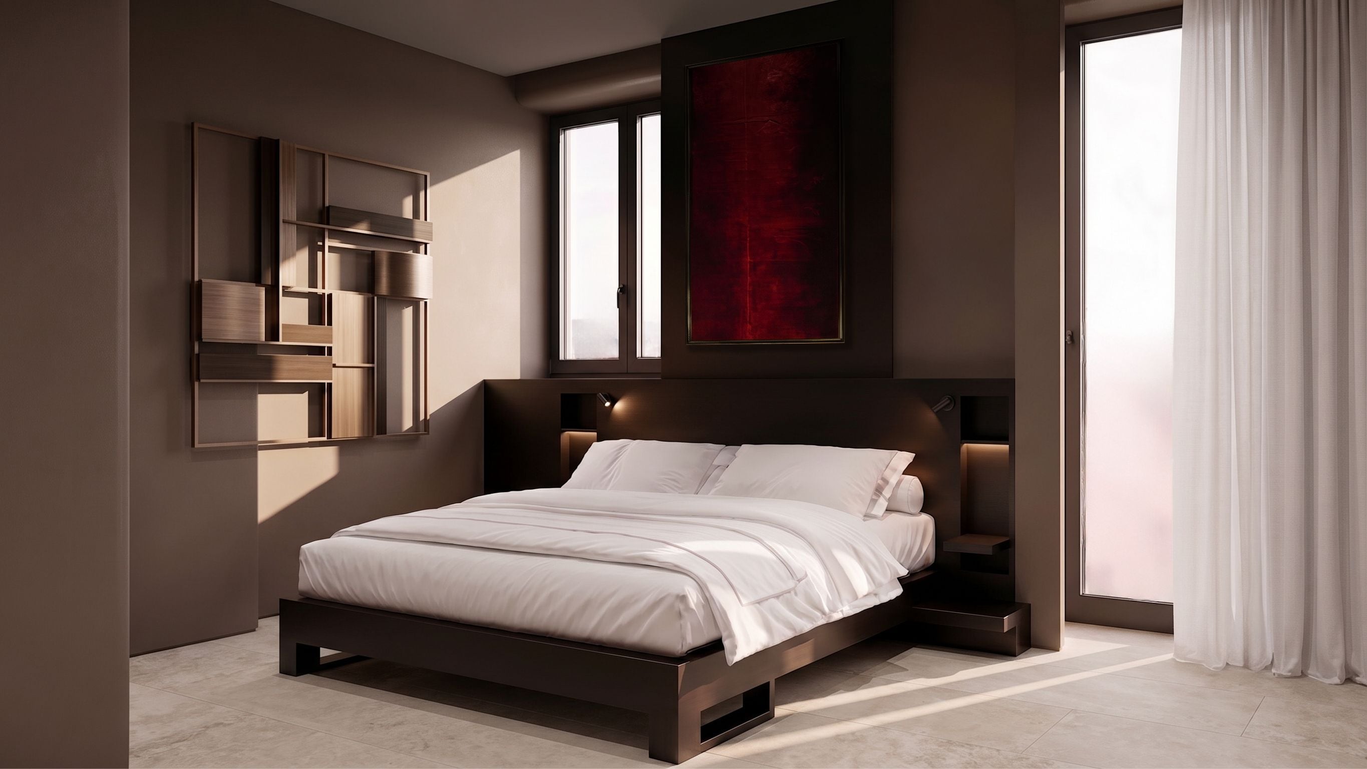Una camera da letto moderna con un letto grande, scaffali a muro e una parete decorata in rosso.