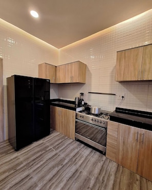A modern kitchen with wooden cabinets, a black refrigerator, a stove, and a tiled backsplash. - The Royals Apartment  (Ibadan)
