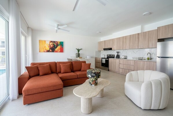 Living area - Modern 2-bedroom Apartment: Steps to Beach & PoolC comfort (Cabarete)