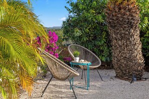 A garden with a palm tree, a wicker chair, and a table with a potted plant.