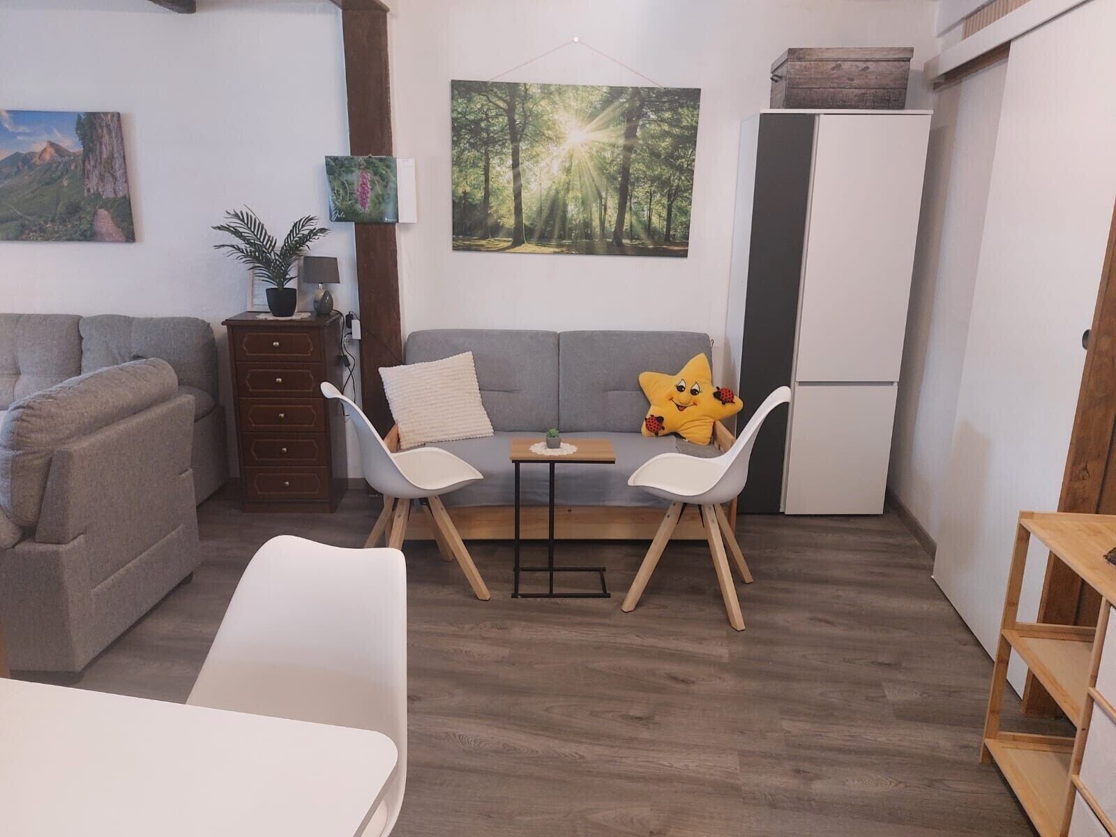 En stue med en grå sofa, et lille bord, to hvide stole, en pude i stjerneform, et køleskab og et træskab.
