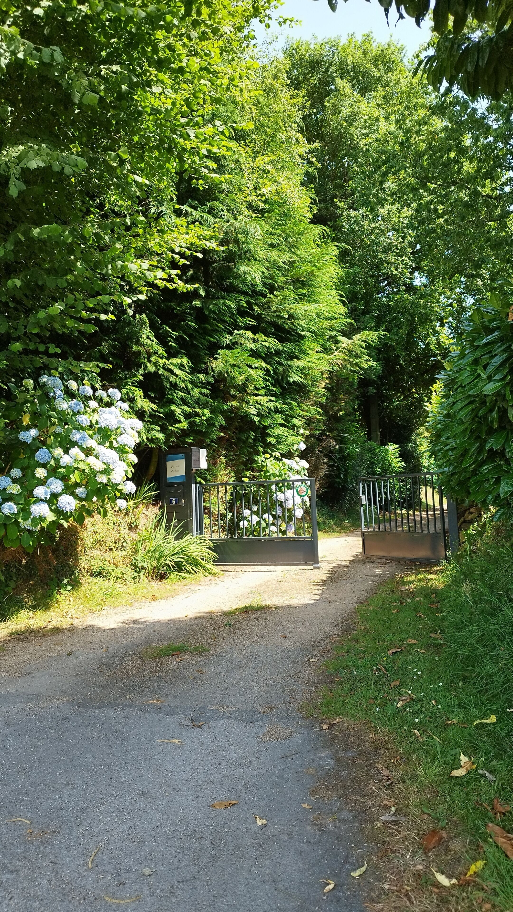 Un chemin de gravier mène à une entrée fermée par un portail, qui est elle-même entourée d’une végétation luxuriante et d’arbres.