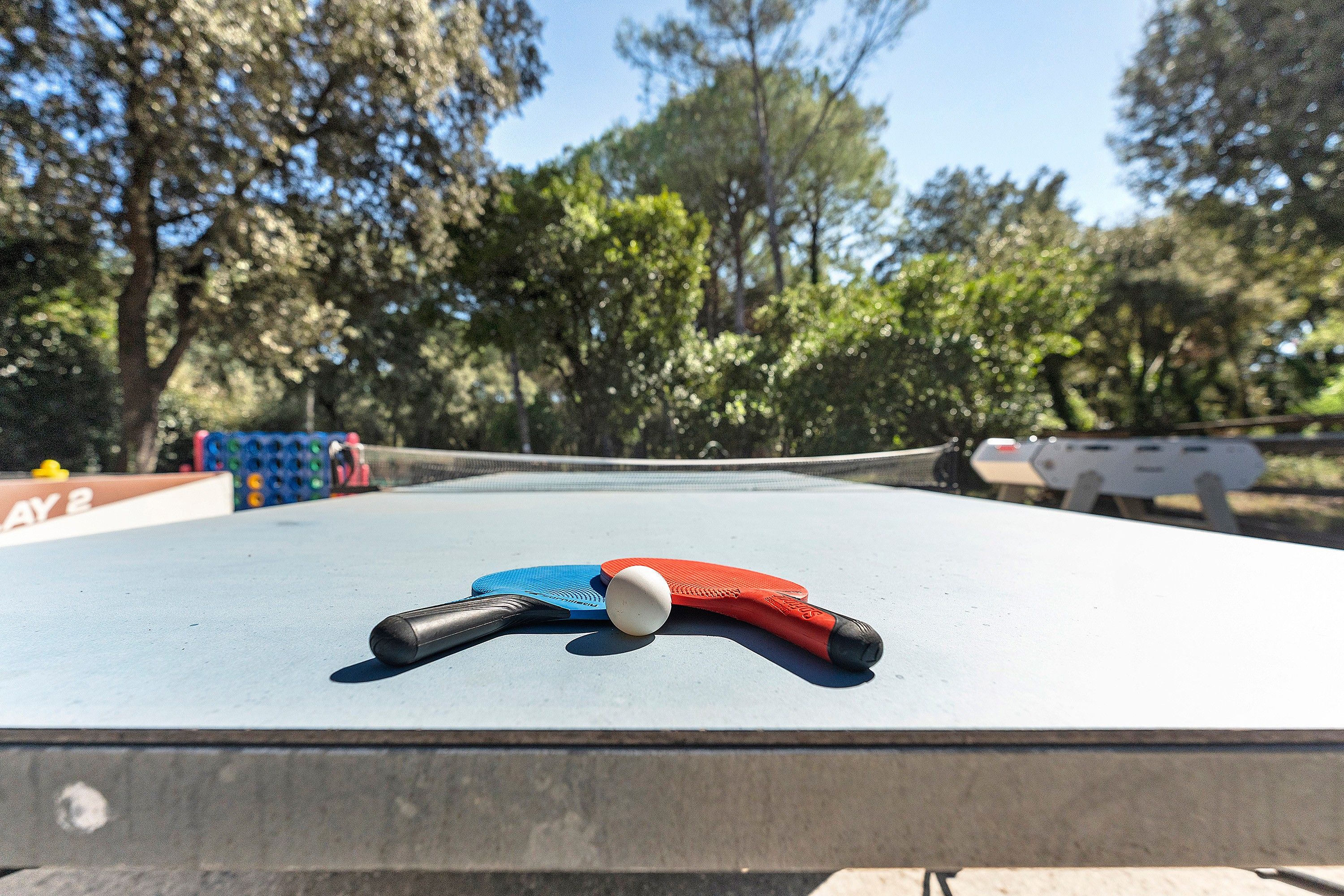 A table tennis table with a ball and rackets, surrounded by trees.