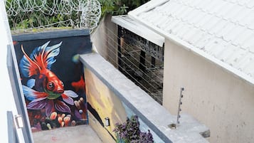 Terraço com piscina, um mural e um jardim.