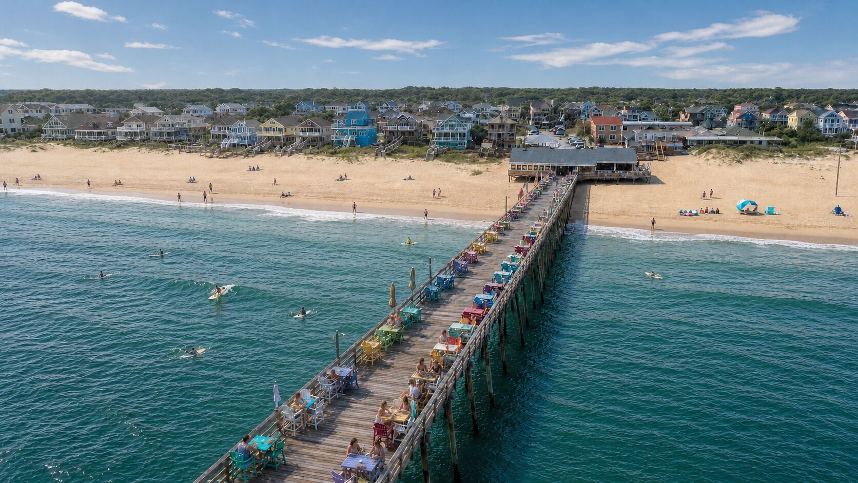 A pier extending into the sea with people and beach chairs.