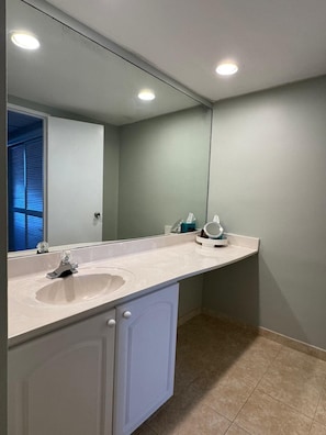Hair dryer, towels, soap, toilet paper