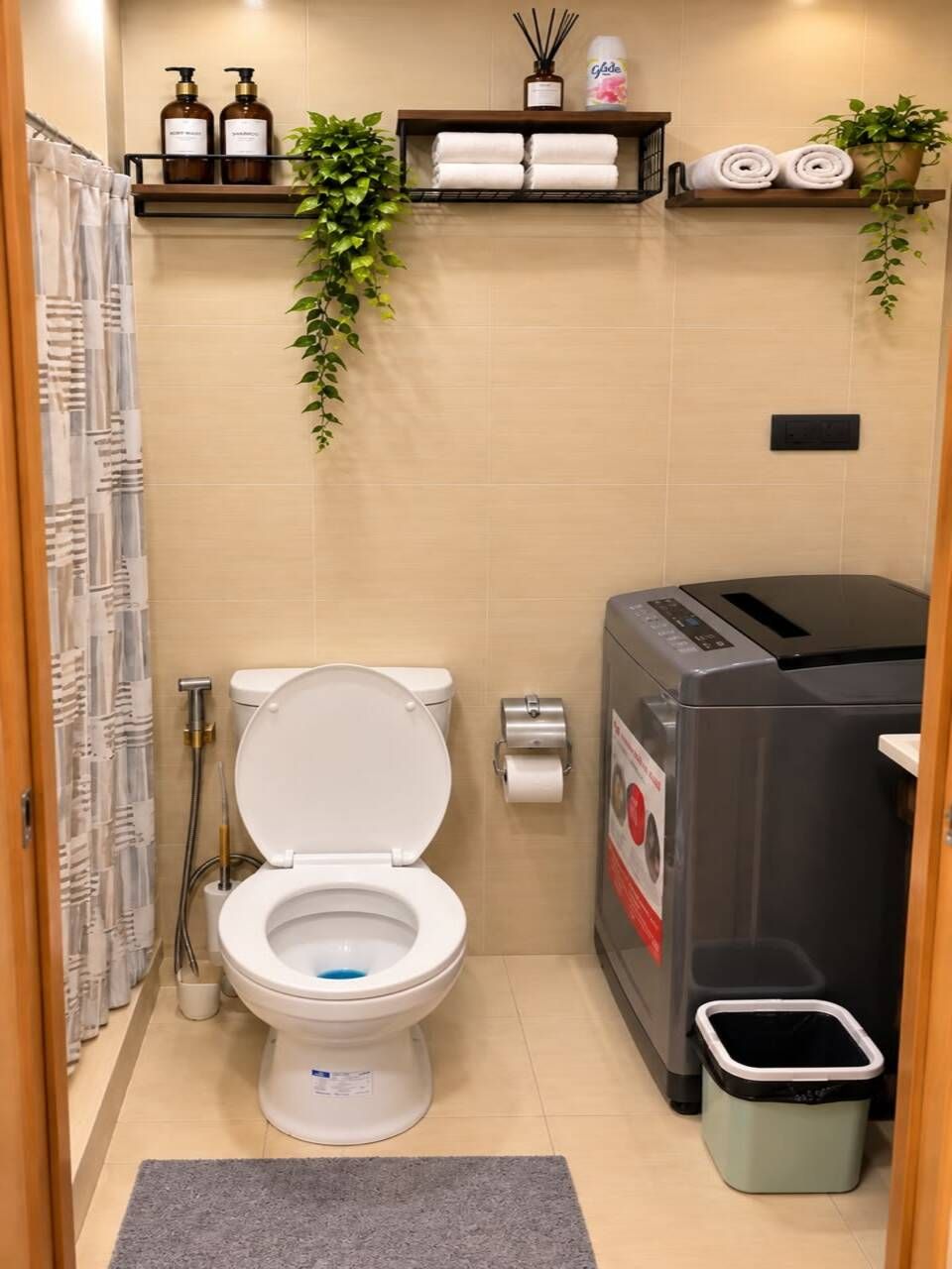A compact bathroom with a toilet, a trash bin, and a shelf with toiletries.