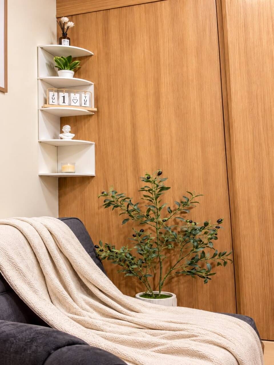 A room with a bed, a bedside plant, a shelf with decorative items, and a wooden wardrobe.