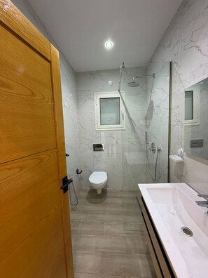 Ein modernes Badezimmer mit Holztür, weißer Toilette, einer Duschkabine aus Glas und einem großen Spiegel.