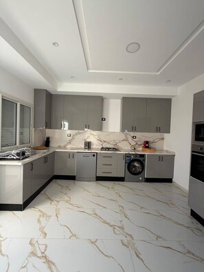 A modern kitchen with grey cabinets, a marble countertop, a built-in washing machine, and a dishwasher. - Villa Younes (Djerba Midun)