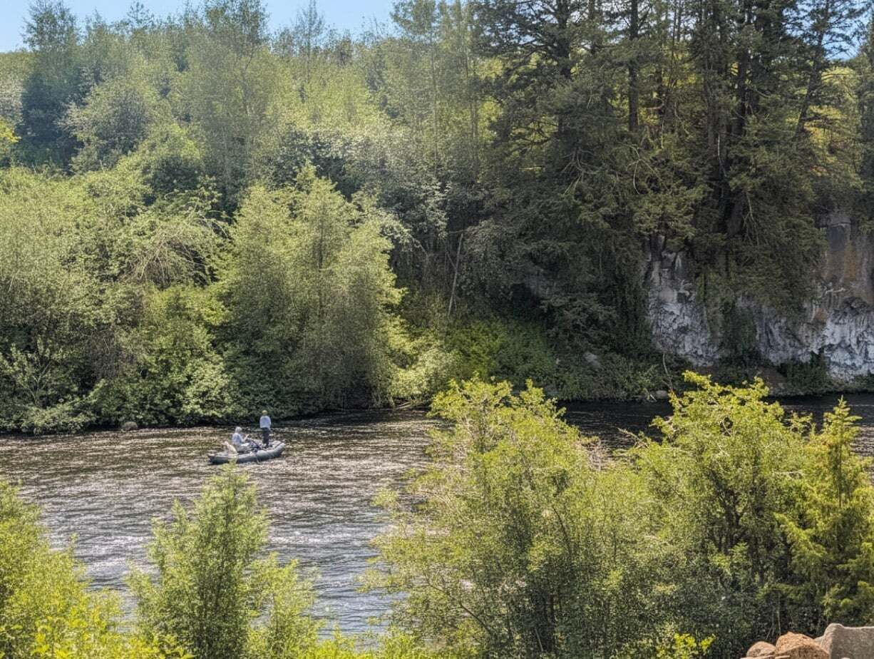 A river with a boat, surrounded by dense forest and cliffs.
