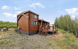 Una cabaña de troncos con una terraza de madera y un pequeño porche.