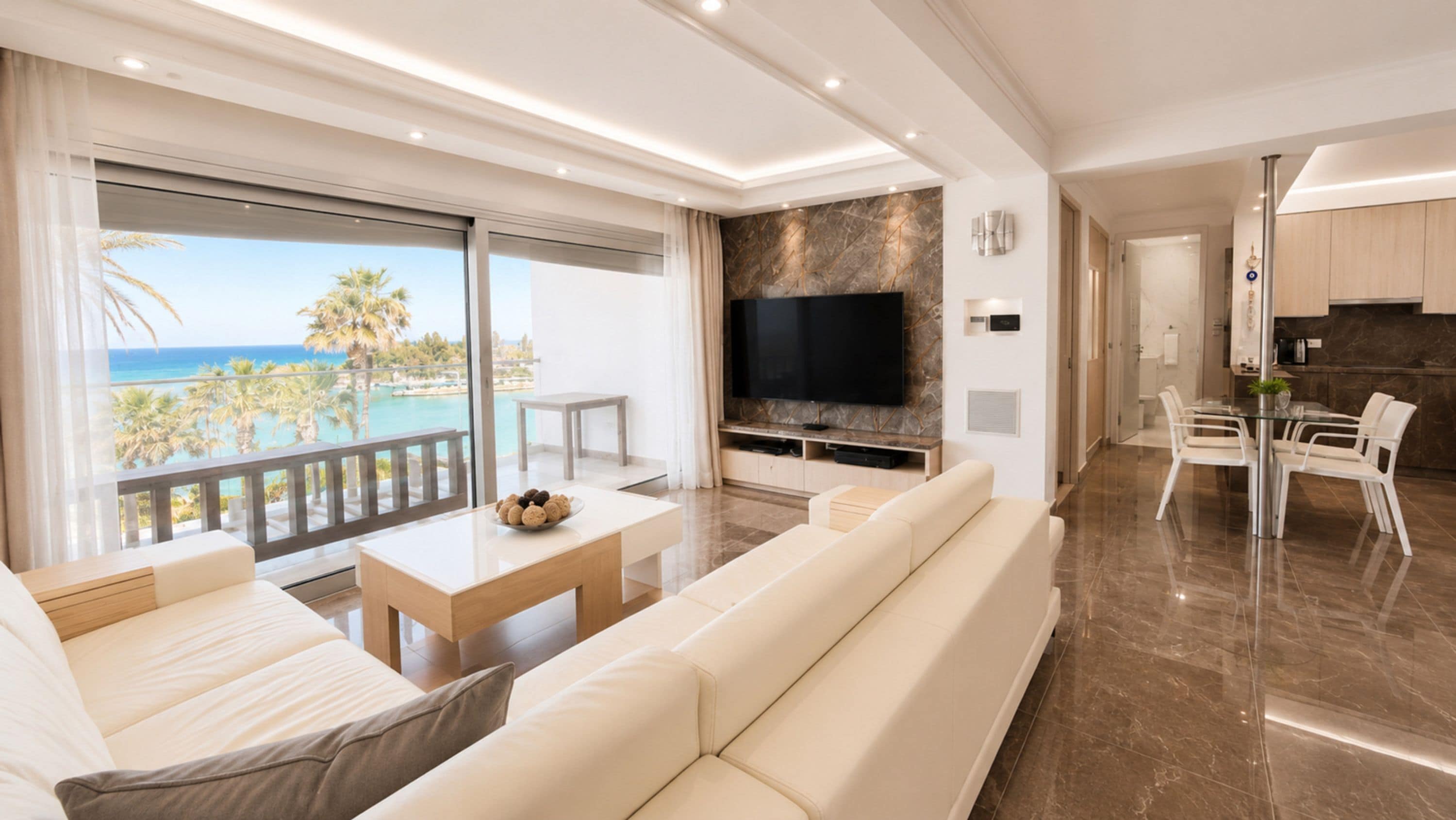 A modern living room with a large TV, a balcony with a view of the sea, and a dining area with white chairs.