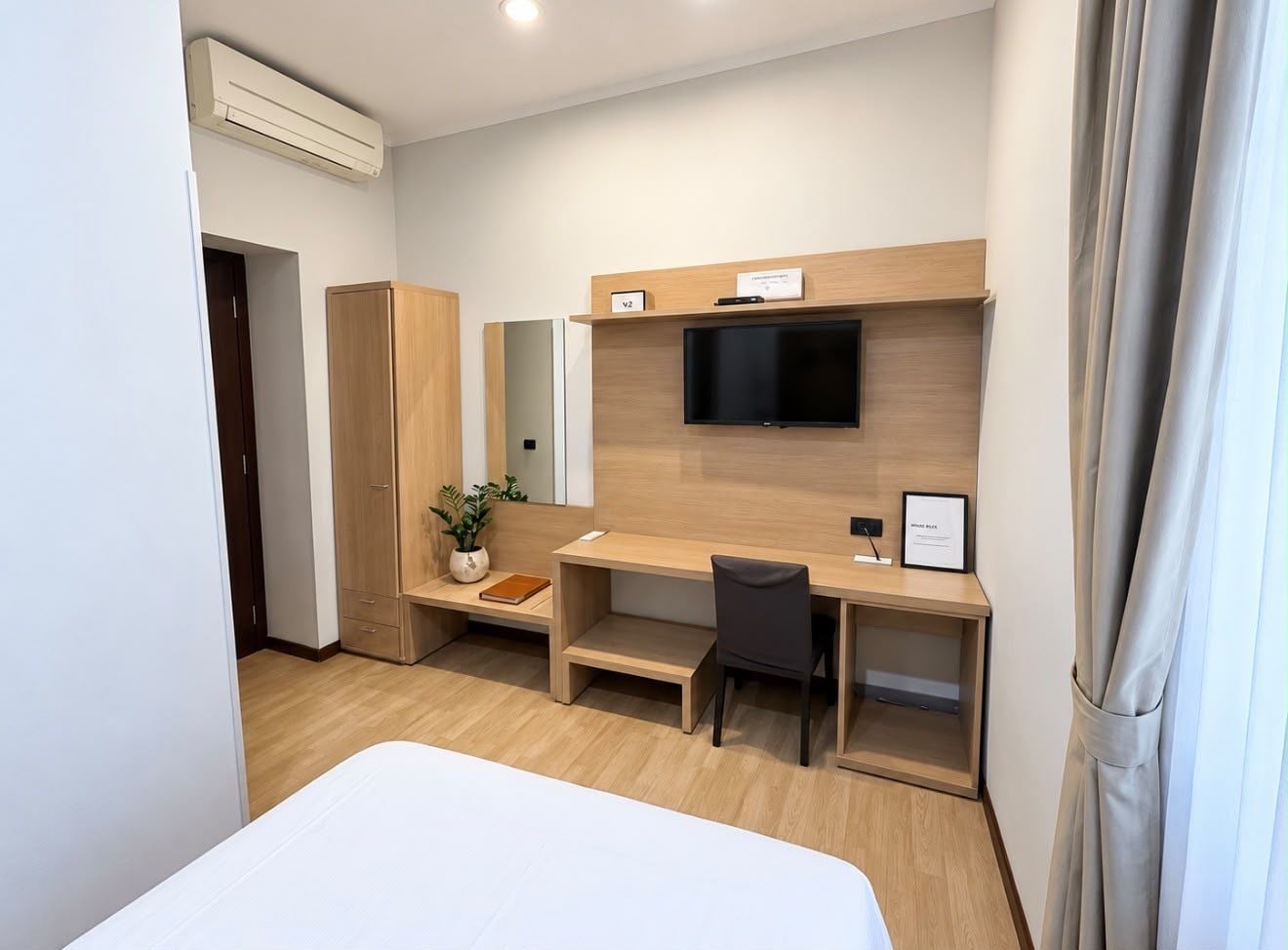 A hotel room with a bed, a desk, a chair, a television, a wardrobe, and a potted plant.