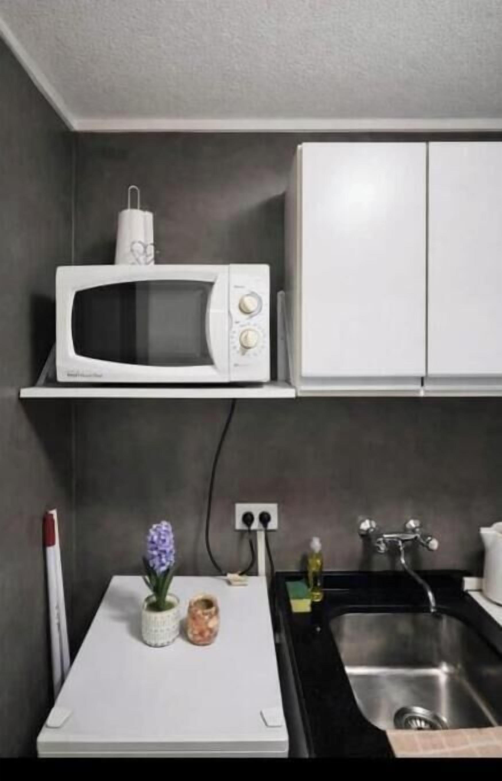 Una kitchenette con microondas, armarios, un lavabo y una pequeña encimera con una planta y una vela.