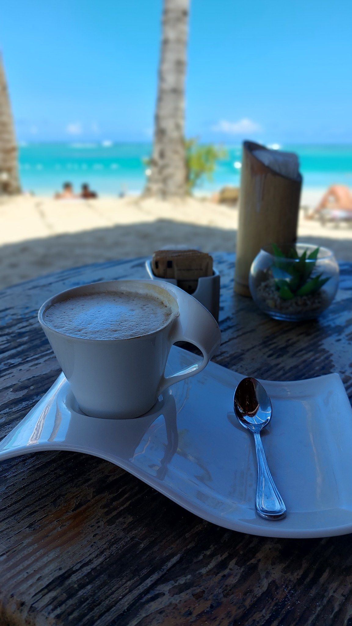 Una taza de café sobre una mesa con una cuchara y una pequeña planta, con el mar y la playa al fondo.