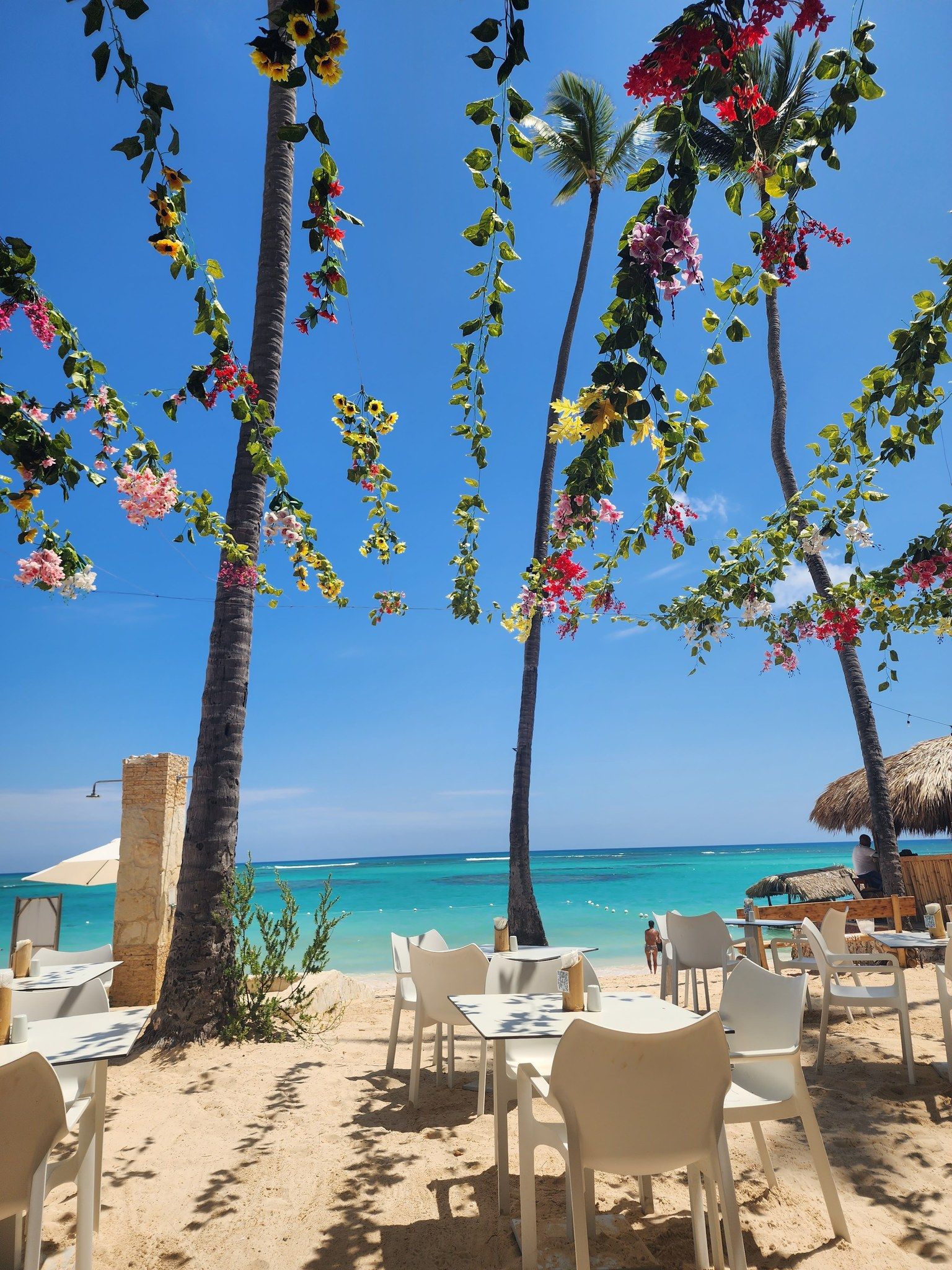 A beachside dining area with tables and chairs, palm trees, and a view of the ocean.
