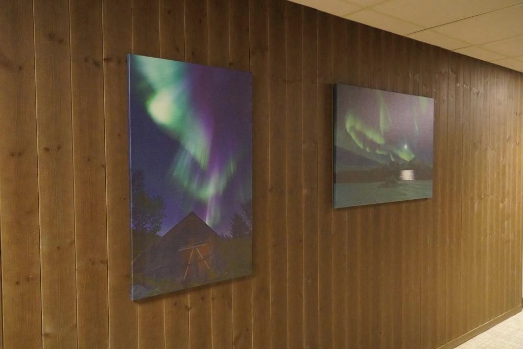 Two framed artworks on a wooden wall.