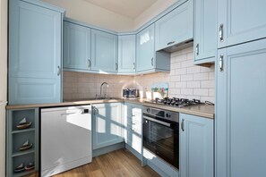 A compact kitchen with light blue cabinets, a dishwasher, a stove, and a sink. - 1 Sunny Cove - Direct Beach Access Sea Views (Tenby)