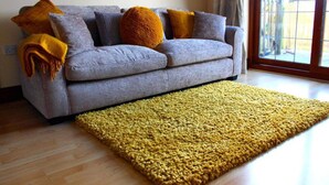 A living room with a grey sofa, a yellow rug, and a window with a view. - 2-bed - Sleeps 4 - Free Parking & Ev Charging (Wadebridge)
