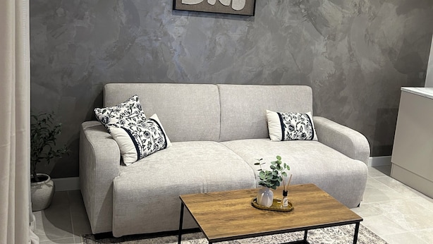 A modern living room with a grey sofa, a wooden coffee table, and a patterned rug. - Le Petit Rocher Doré: a unique getaway with a view of the Rock. (Pierrelatte)